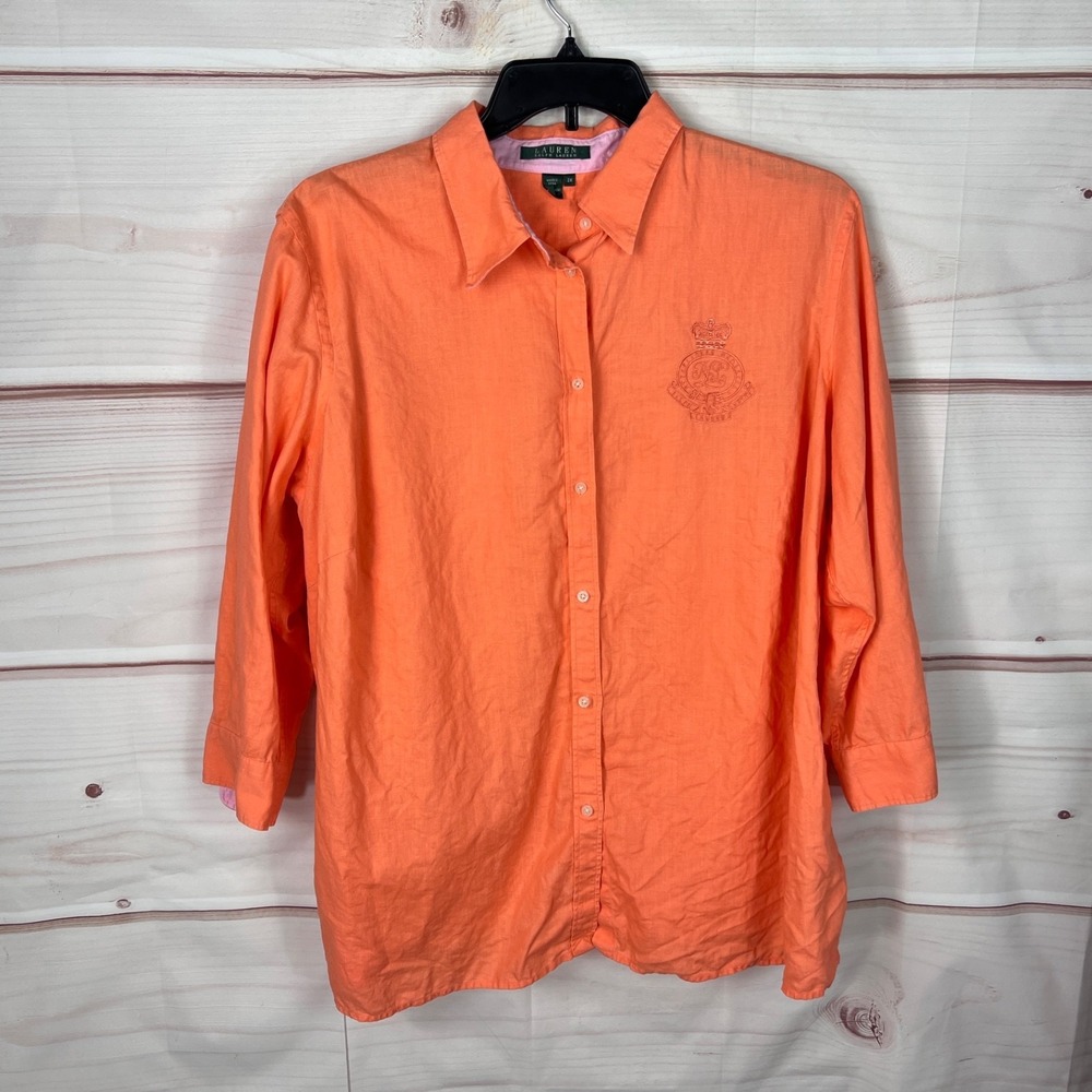 Lauren Ralph Lauren Top Womens 2X Orange Linen Shirt Embroidered Button Up Tunic
